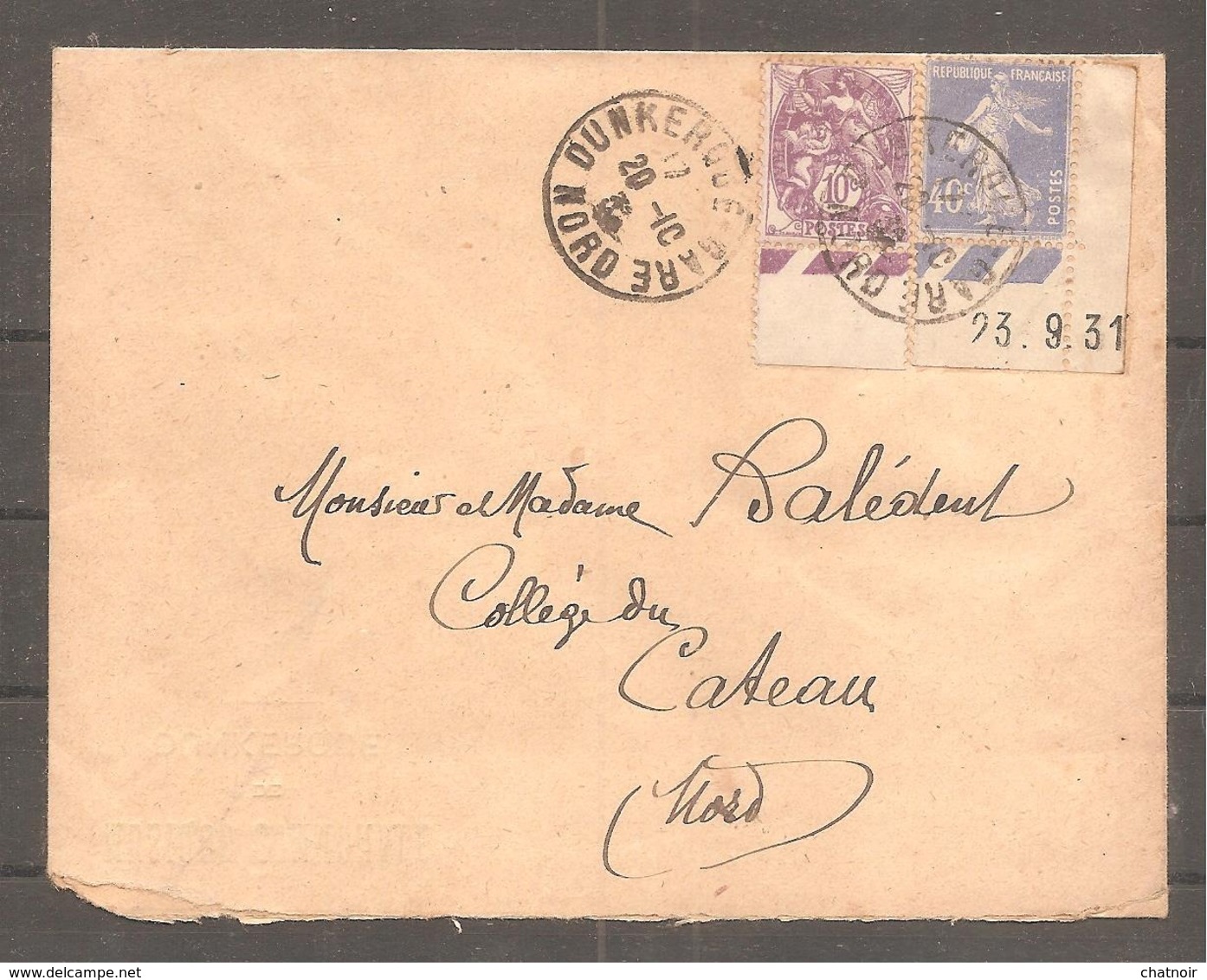 Enveloppe  Oblit  DUNKERQUE   NORD  40c Semeuse Avec Coin Date 1931 + 10 C Type Blanc Bord De Feuille - Cartas & Documentos