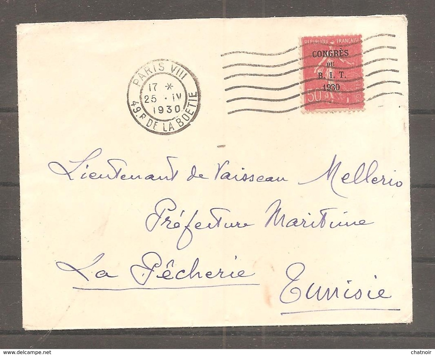 Enveloppe Avec 50 C Semeuse  Congres Du  B I T 1930 Oblit  PARIS   Pour La Tunisie - Storia Postale