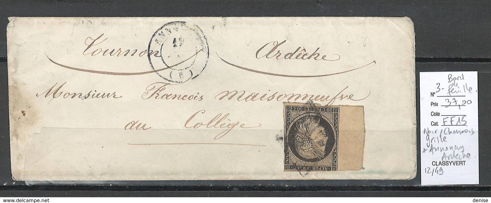 France -Lettre - Ceres Yvert 3 Bord De Feuille - Annonay - Ardeche - 12/1849 - 1849-1876: Classic Period