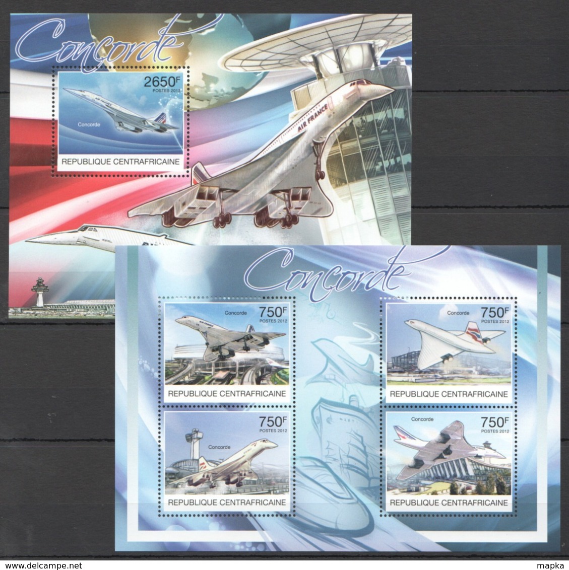 CA857 2012 CENTRAL AFRICA CENTRAFRICAINE AVIATION CONCORDE 1KB+1BL MNH - Concorde