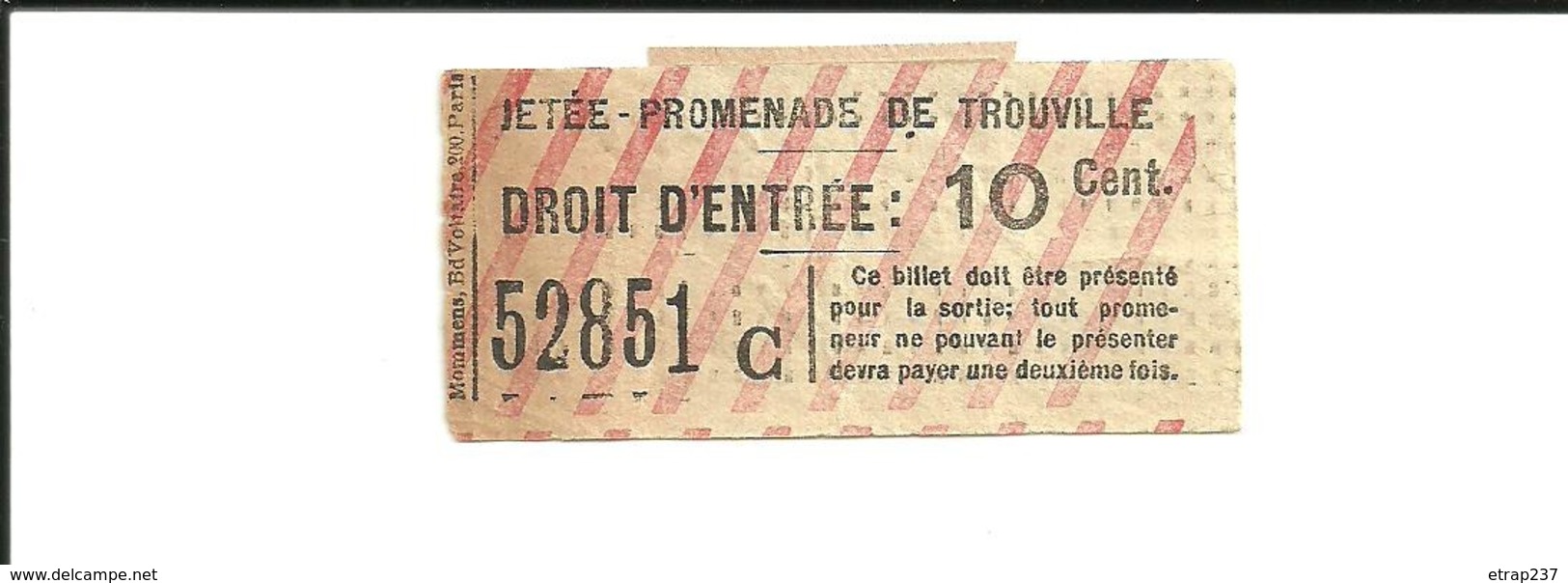1 Ticket Ancien. Jetée-Promenade De TROUVILLE (Calvados). Voir Description - Otros & Sin Clasificación