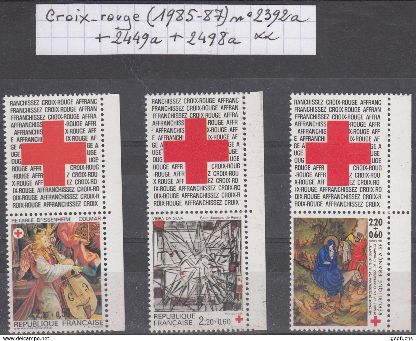 France Croix-rouge (1985-87) Y/T N° 2392a + 2449a + 2498a Avec Vignettes De Carnets Neufs ** - Neufs