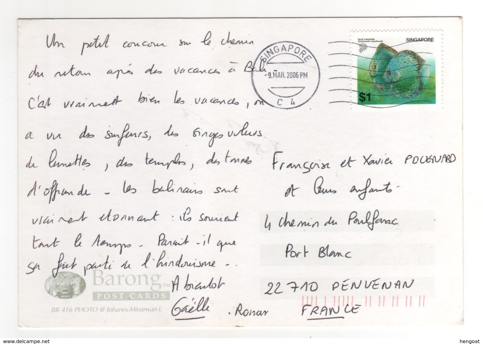 Beau  Timbre  " Poissons "  Sur Cp , Carte , Postcard Du 09/03/2006 - Singapur (1959-...)
