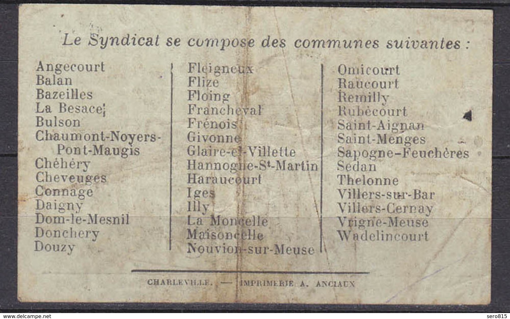 Frankreich - France - 1 Franc 1916 Syndicat Ardennais Region DE SEDAN   (11733 - Altri & Non Classificati