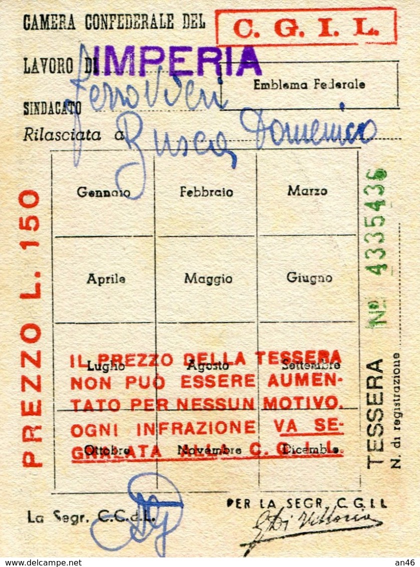 TESSERA C.G.I.L.1952-IMPERIA-CONFEDERAZIONE GENERALE ITAL.DEL LAVORO-2 SCAN- - Collections