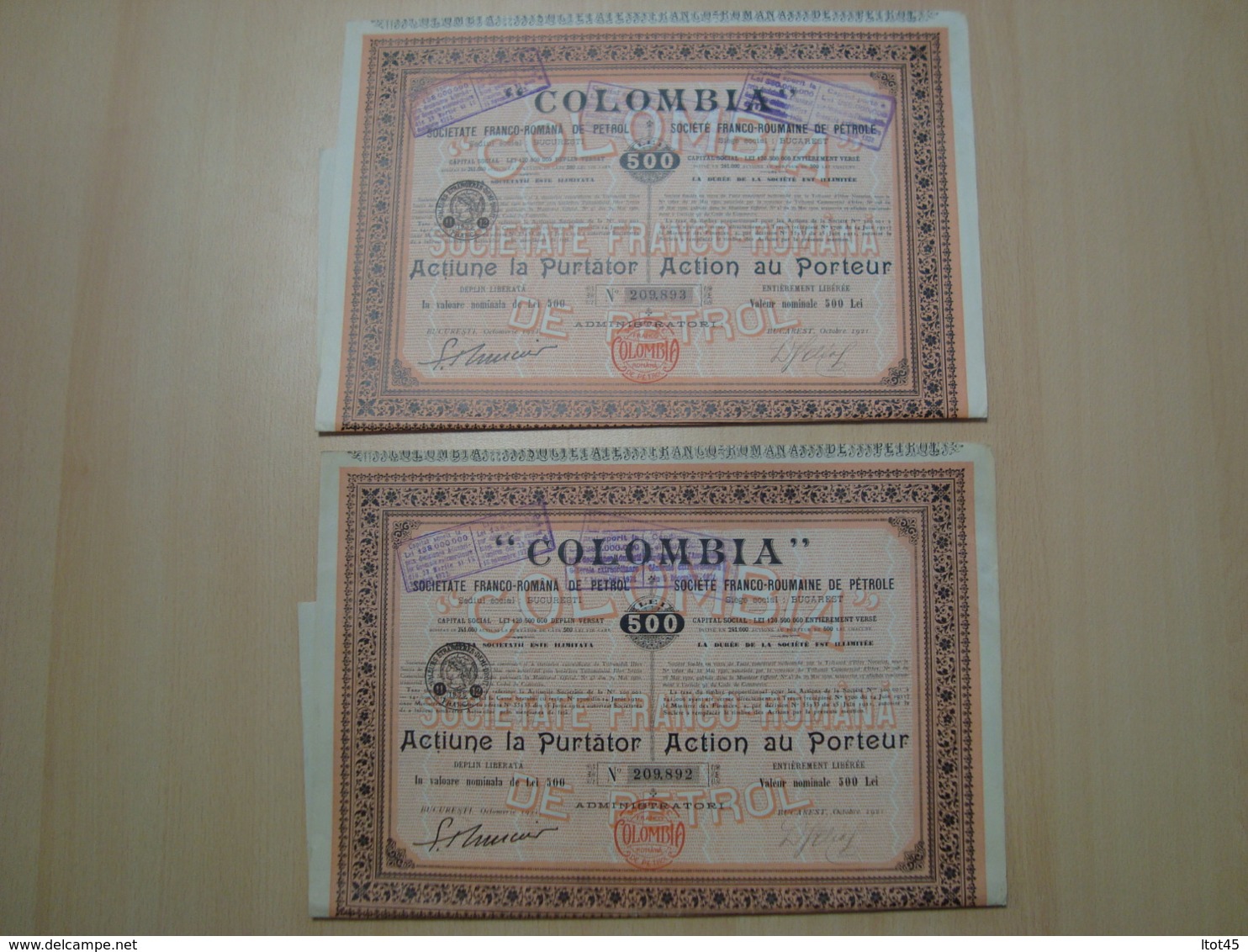 LOT DE 2 ACTIONS COLOMBIA SOCIETE FRANCO-ROUMAINE DE PETROLE 1921 - Pétrole