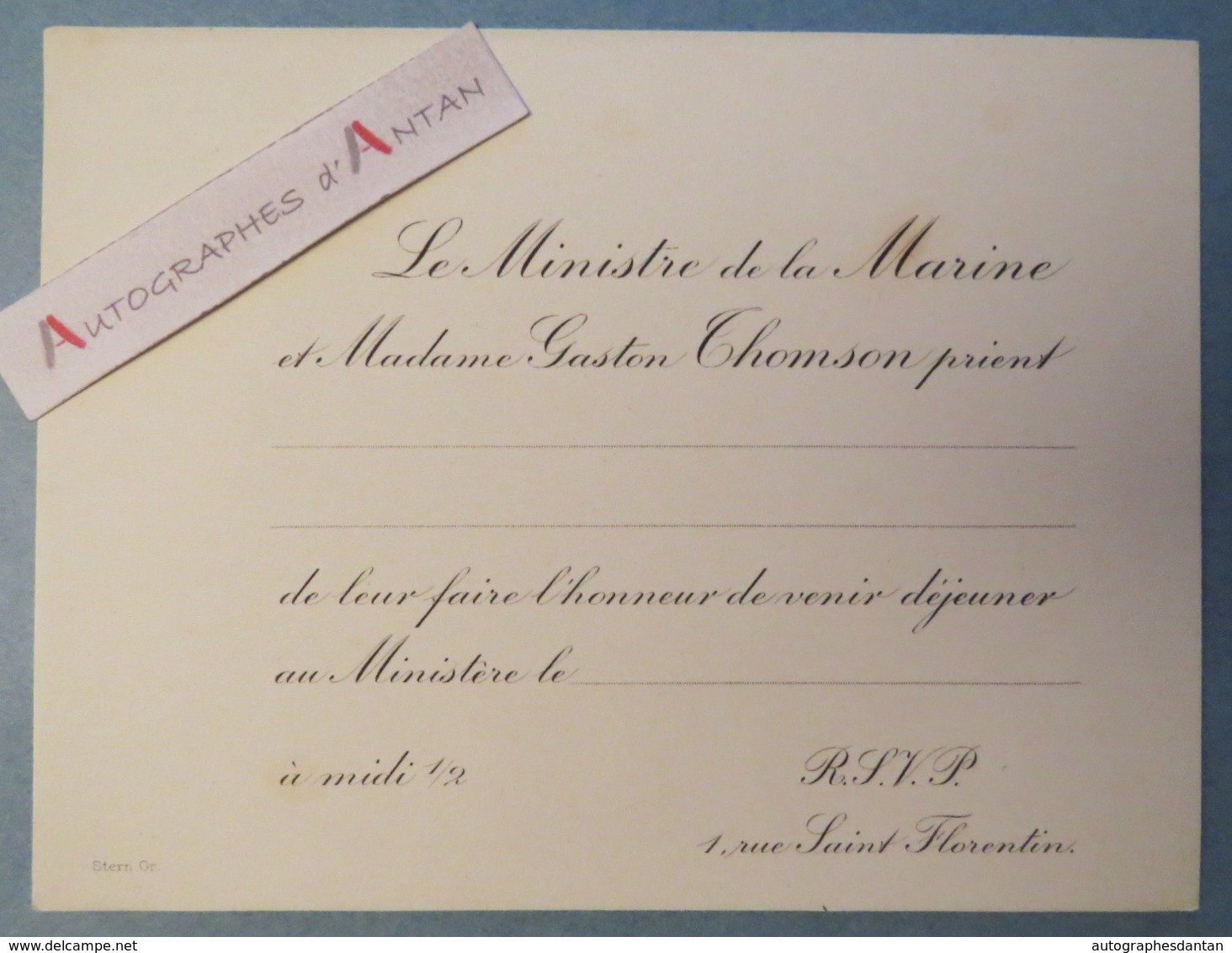 Gaston THOMSON Ministre De La Marine - Carton Vierge D'invitation (début XXè) - Ministère Rue Saint Florentin - Documentos Históricos