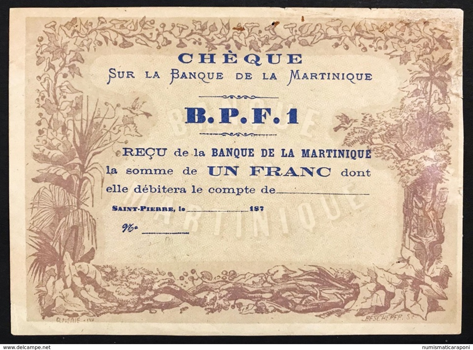 Martinique 1 Franc 1870's RARE  BANQUE DE LA MARTINIQUE Pick#5A Lotto 2931 - Autres - Afrique