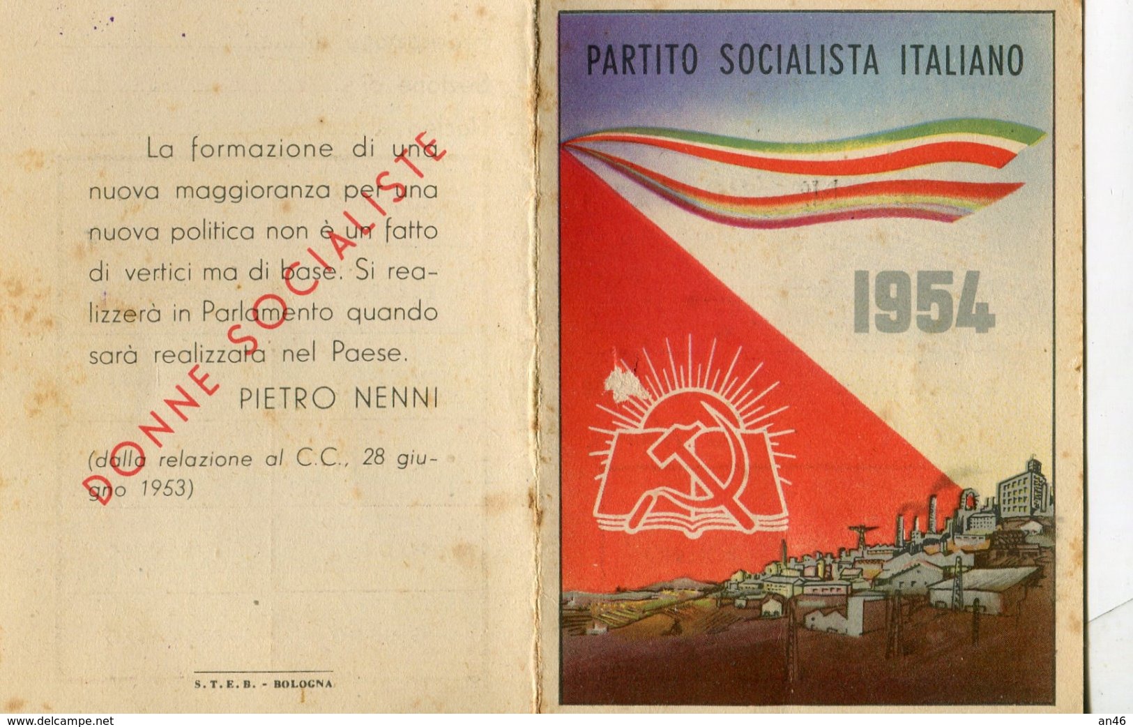 TESSERA -PARTITO SOCIALISTA ITALIANO ANNO 1954 SEZIONE ANDORA-2 SCAN- - Collections