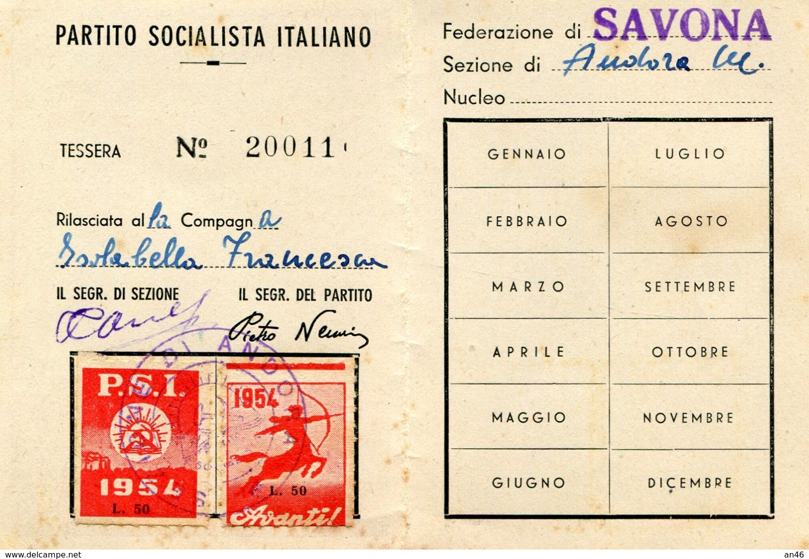 TESSERA -PARTITO SOCIALISTA ITALIANO ANNO 1954 SEZIONE ANDORA-2 SCAN- - Collections