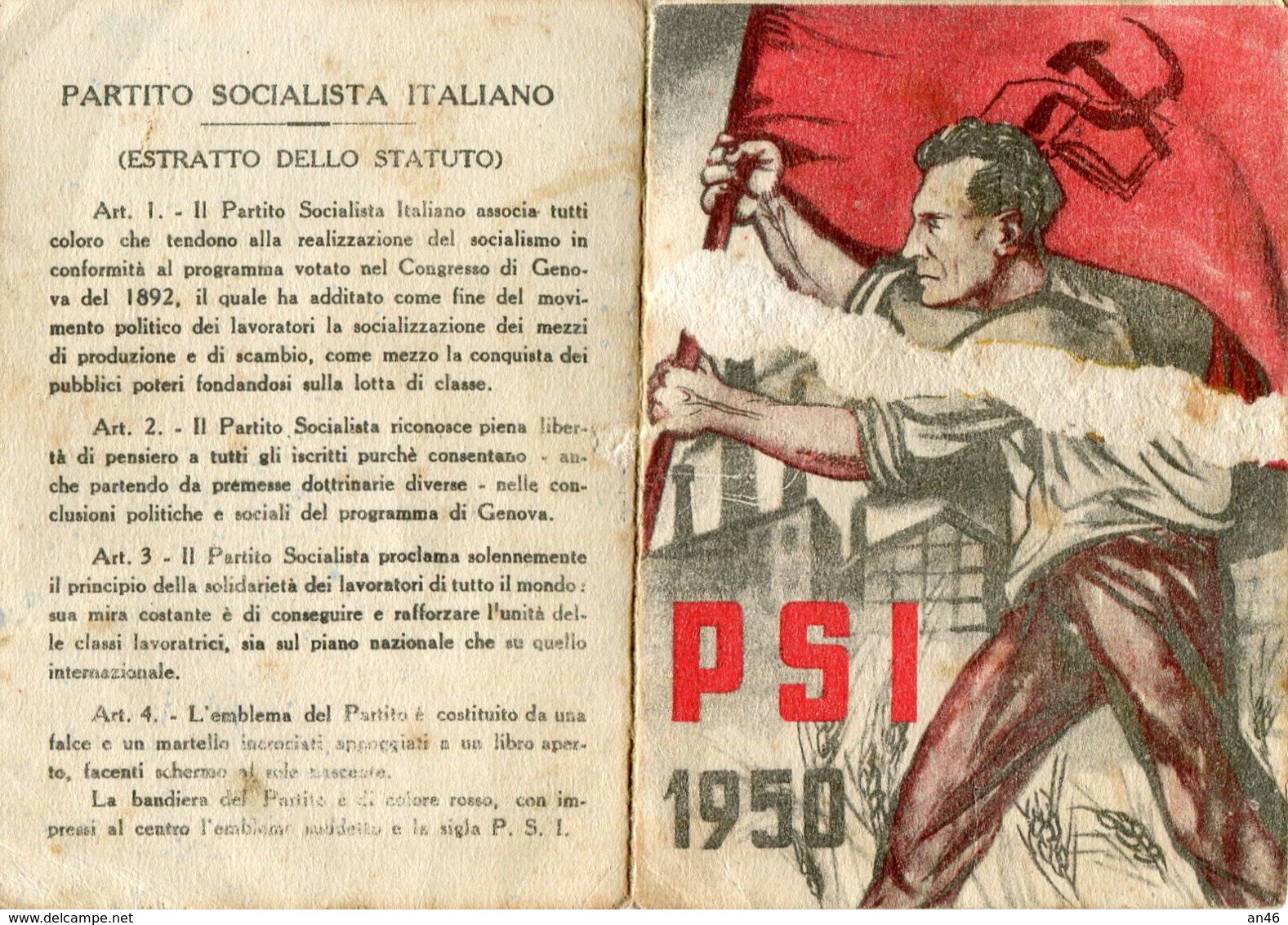 TESSERA -PARTITO SOCIALISTA ITALIANO ANNO 1950 SEZIONE ANDORA-2 SCAN- - Collections