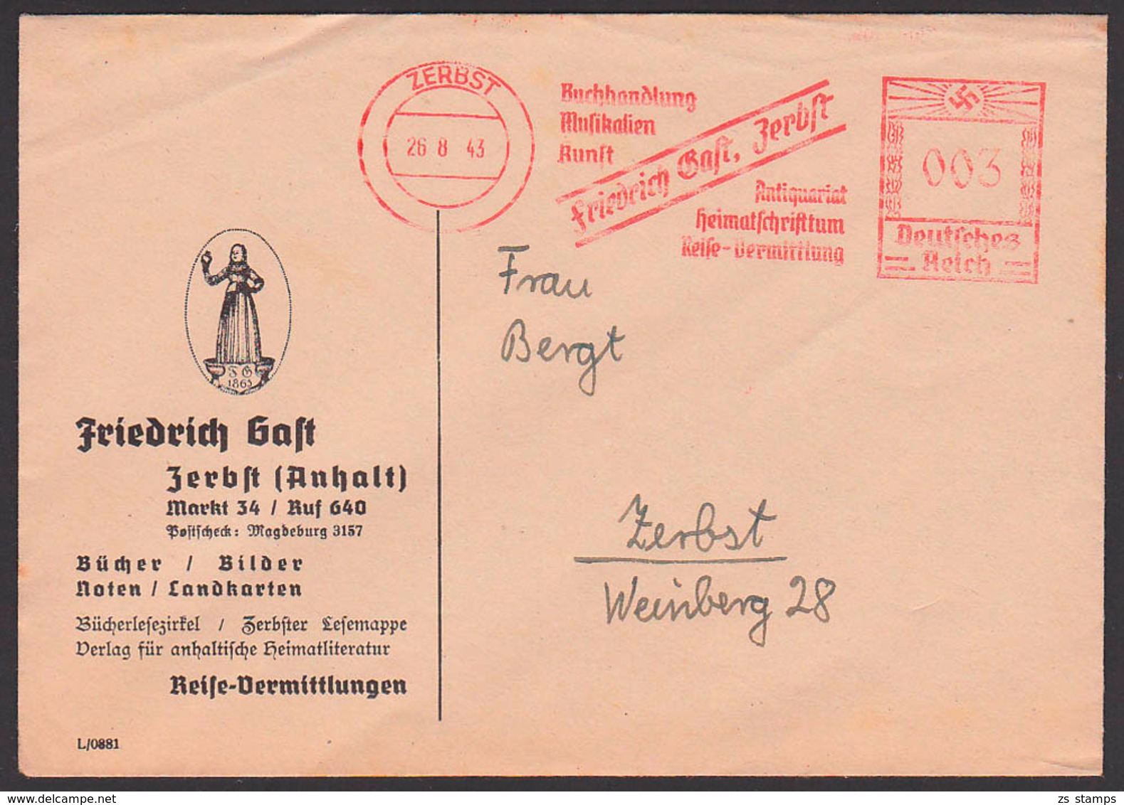 Germany Zerbst AFS 1943 'Friedrich Gast Buchhaltung Musikalien Heimatschrifttum!' Bücher Bilder Noten Drucksache - Maschinenstempel (EMA)