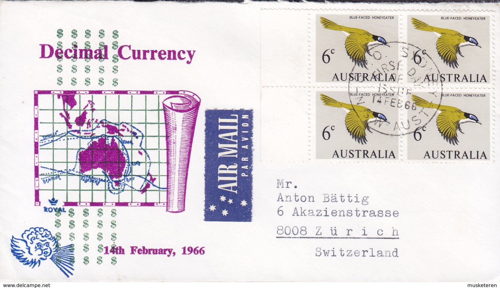 Australia Air Mail Par Avion Label Decimal Currency FDC Cover Ersttags Brief SYDNEY 1966 4-Block Bird Vogel Oiseau Rand - FDC