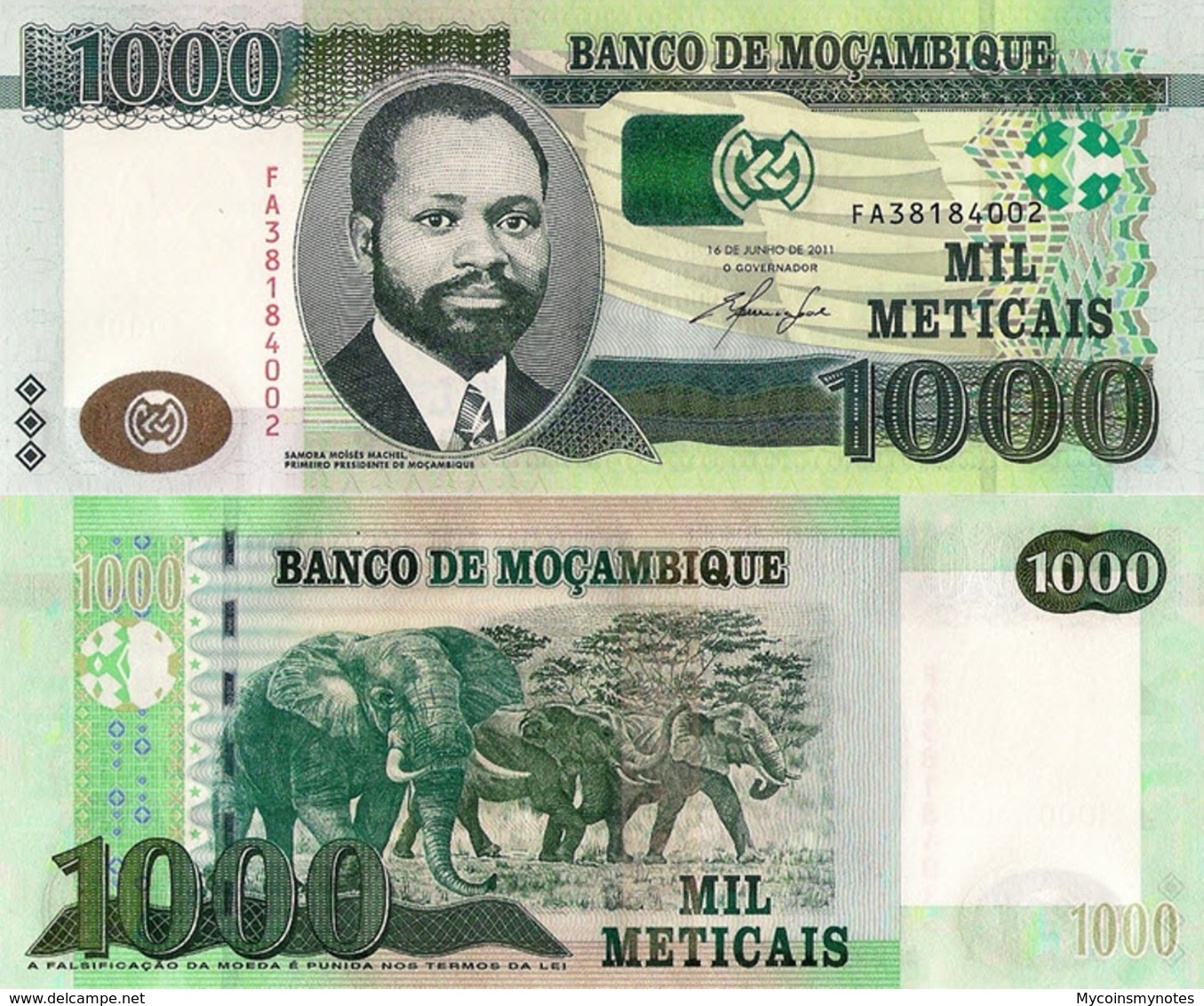 MOZAMBIQUE 1000 Meticais, 2011, P154, UNC, "Elephant" - Moçambique