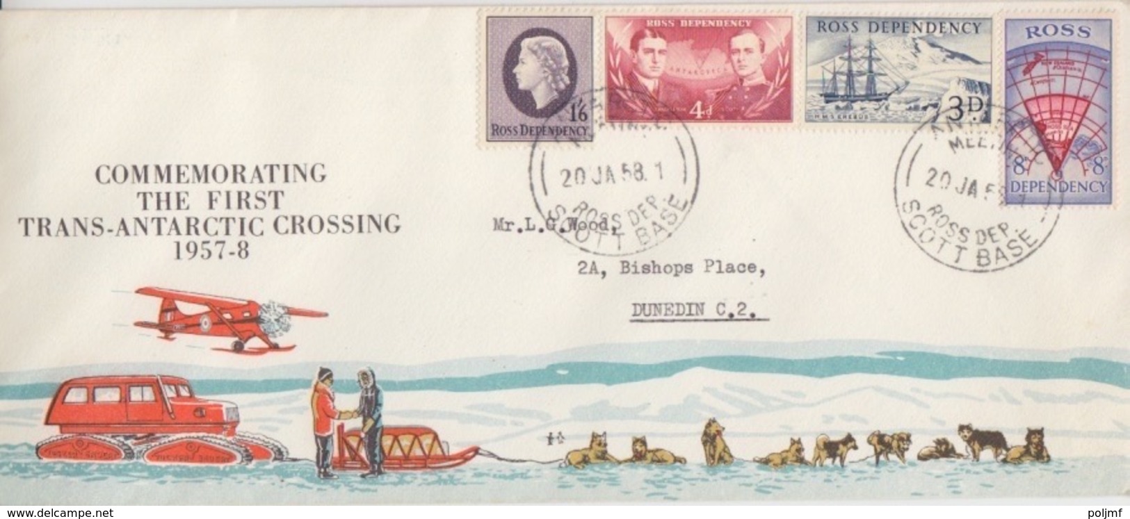 Polaire Néozélandais, N° 1 à 4 Obl. Scott Base Le 20 JA 58 Sur Env (traineau, Chiens) 1° Trans-antarctic Crossing 57-58 - Covers & Documents