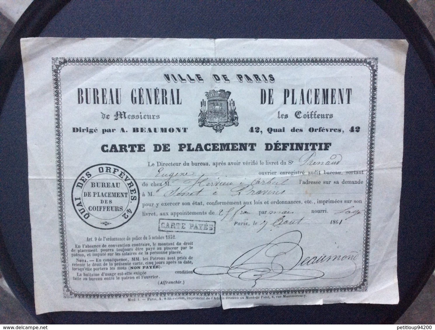 DOCUMÉNT COMMERCIAL BUREAU GÉNÉRAL DE PLACEMENT De Messieurs Les Coiffeurs CARTE DE PLACEMENT DÉFINITIF Paris  AOUT 1861 - Artesanos