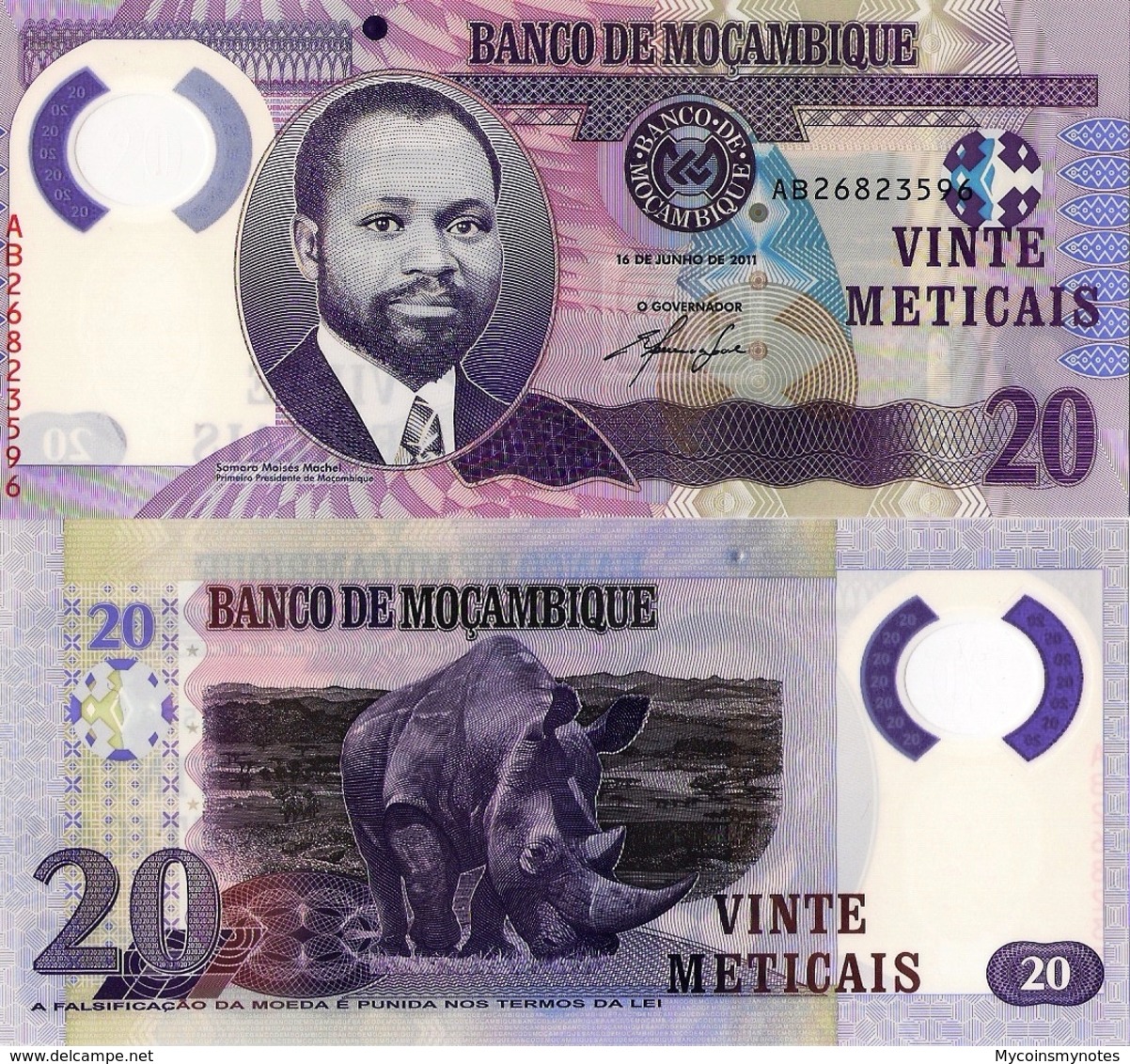 MOZAMBIQUE 20 Meticais, 2011, P149, UNC, "Rhino" Polymer - Mozambique