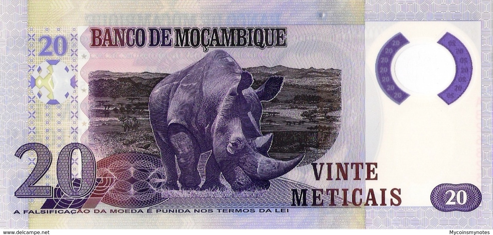 MOZAMBIQUE 20 Meticais, 2011, P149, UNC, "Rhino" Polymer - Mozambique