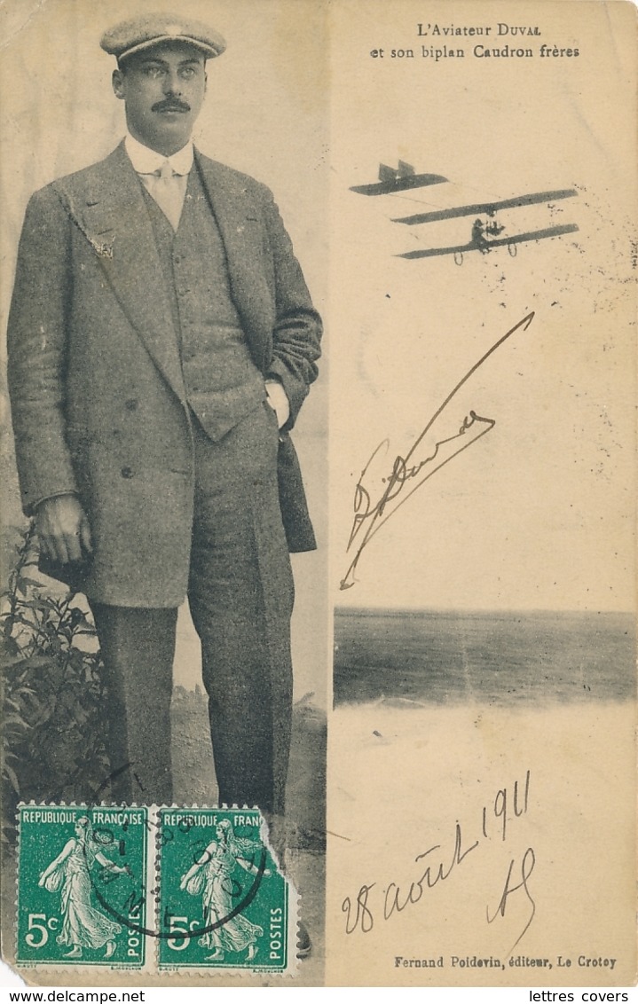 DUVAL - Signature AUTOGRAPHE Sur CP " L' Aviateur DUVAL St Son Biplan Caudron Frères " LE CROTOY SOMME - Flieger