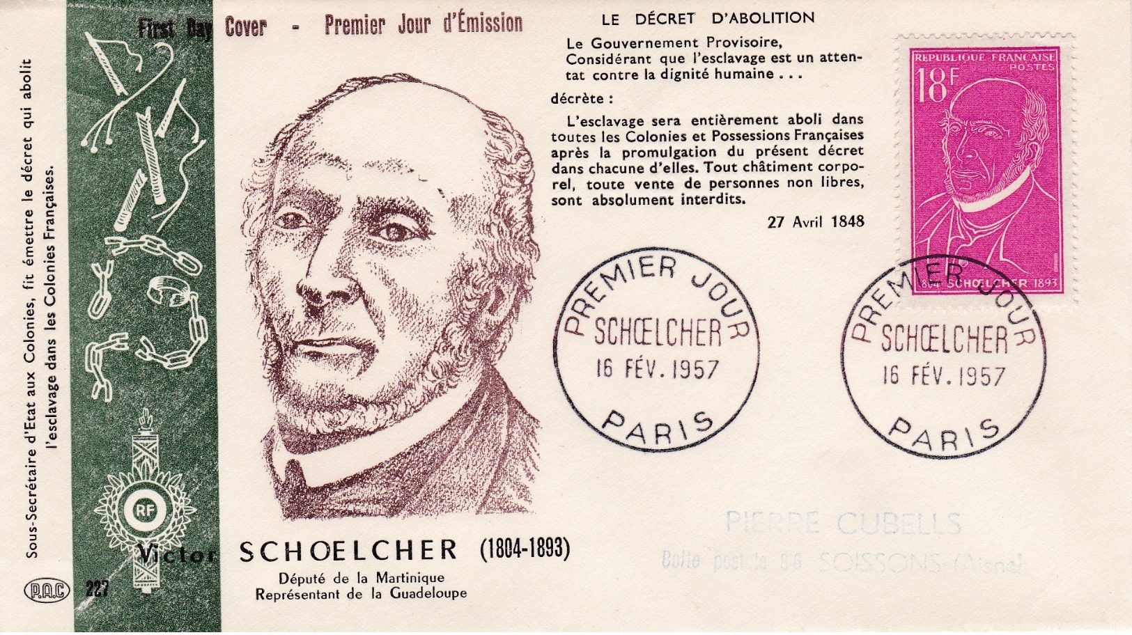 1092 De 1957 - FDC  1er Jour  - Victor Schoelcher (1804-1893) Journaliste Et Homme Politique Français - 1950-1959