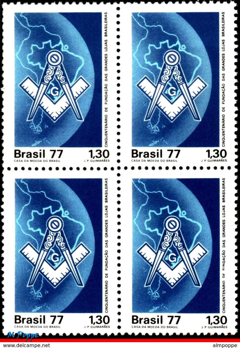Ref. BR-1517-Q BRAZIL 1977 FREEMASONRY, MASONIC, MAPS, MASONRY,, MASONIC SHOP, MI# 1608, BLOCK MNH 4V Sc# 1517 - Freemasonry