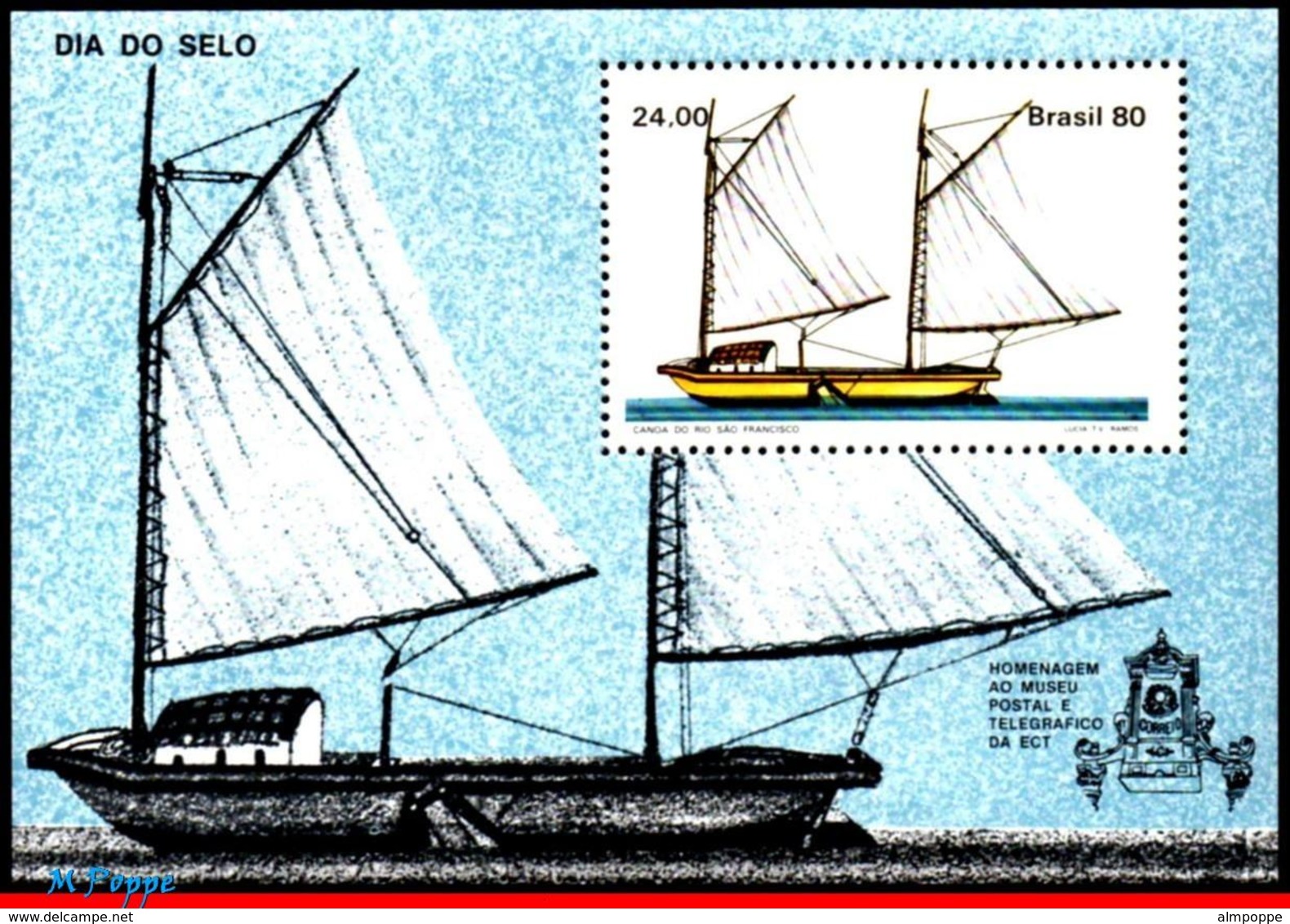 Ref. BR-1707 BRAZIL 1980 SHIPS, BOATS, STAMP DAY, CANOE, SAILING, SHIPS, PHILATELY, MI# B43, S/S MNH 1V Sc# 1707 - Ungebraucht