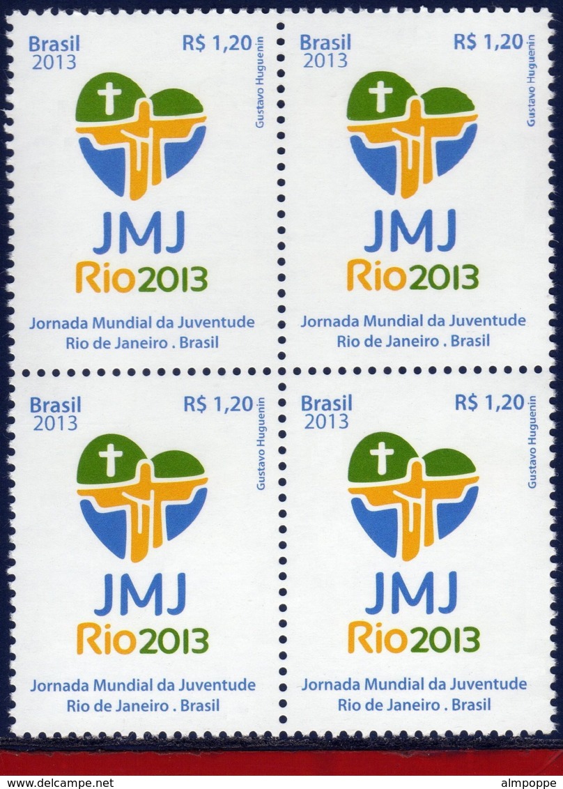 Ref. BR-3242+3250Q BRAZIL 2013 RELIGION, WORLD YOUTH DAY, WYD RIO,, VISIT OF POPE FRANCIS, BLOCK MNH 8V Sc# 3242+3250 - Neufs