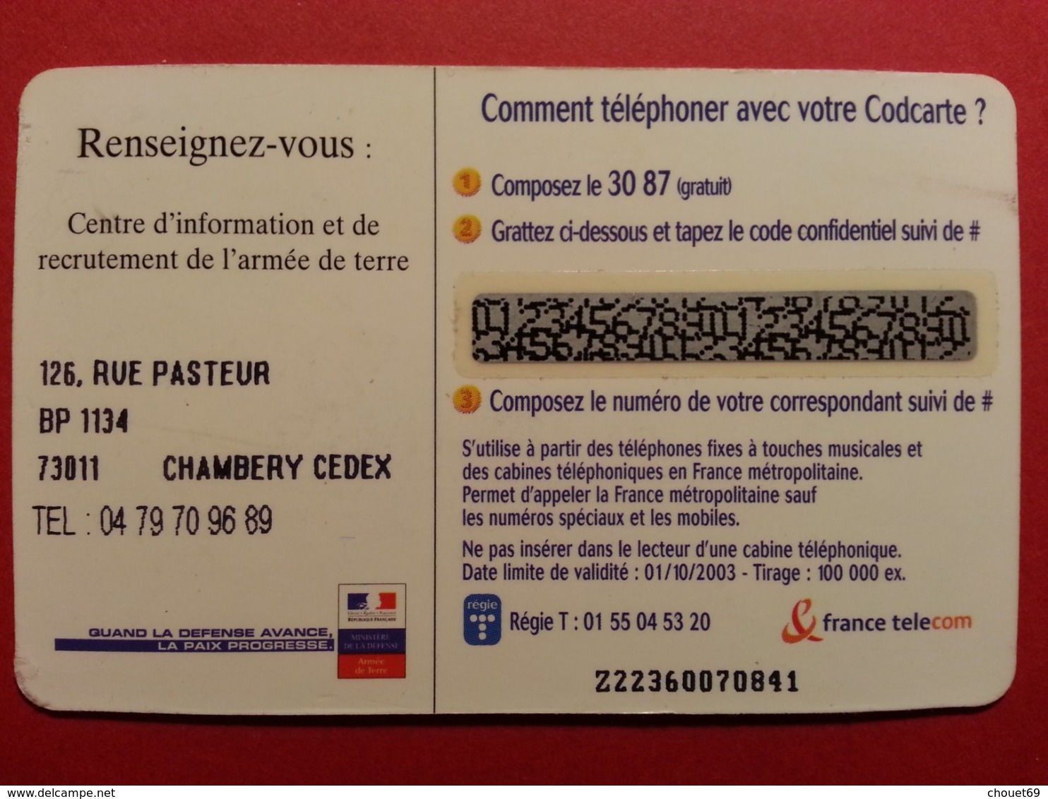 FRANCE COD CARTE ARMY ARMEE TERRE SOLDATS SOLDIER NEUVE MINT VERSO CHAMBERY CODCARTE (CN1019 - FT Tickets