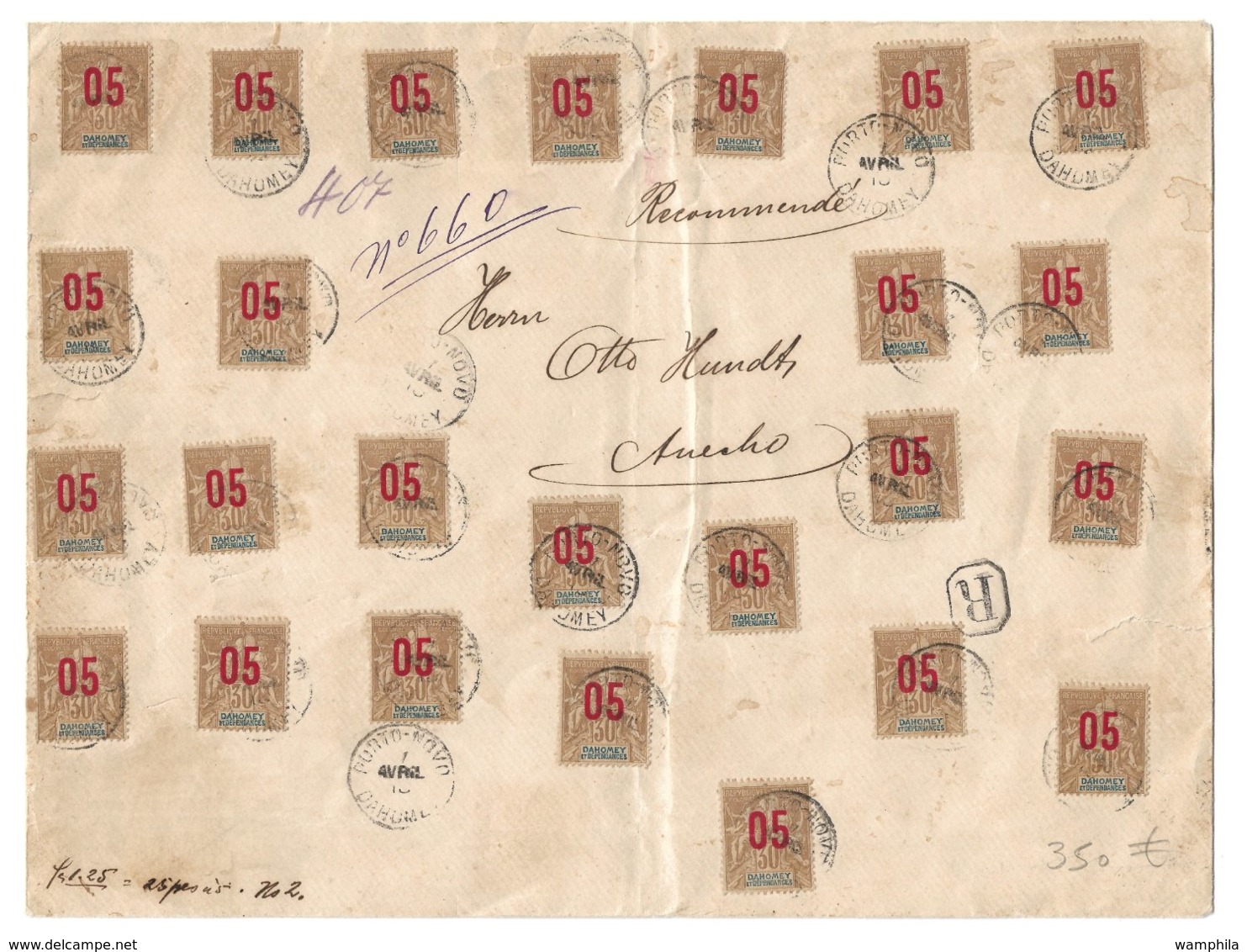 Dahomey 1913 Lettre Recommandé Avec Un Affranchissement Spectaculaire De N°38. - Lettres & Documents
