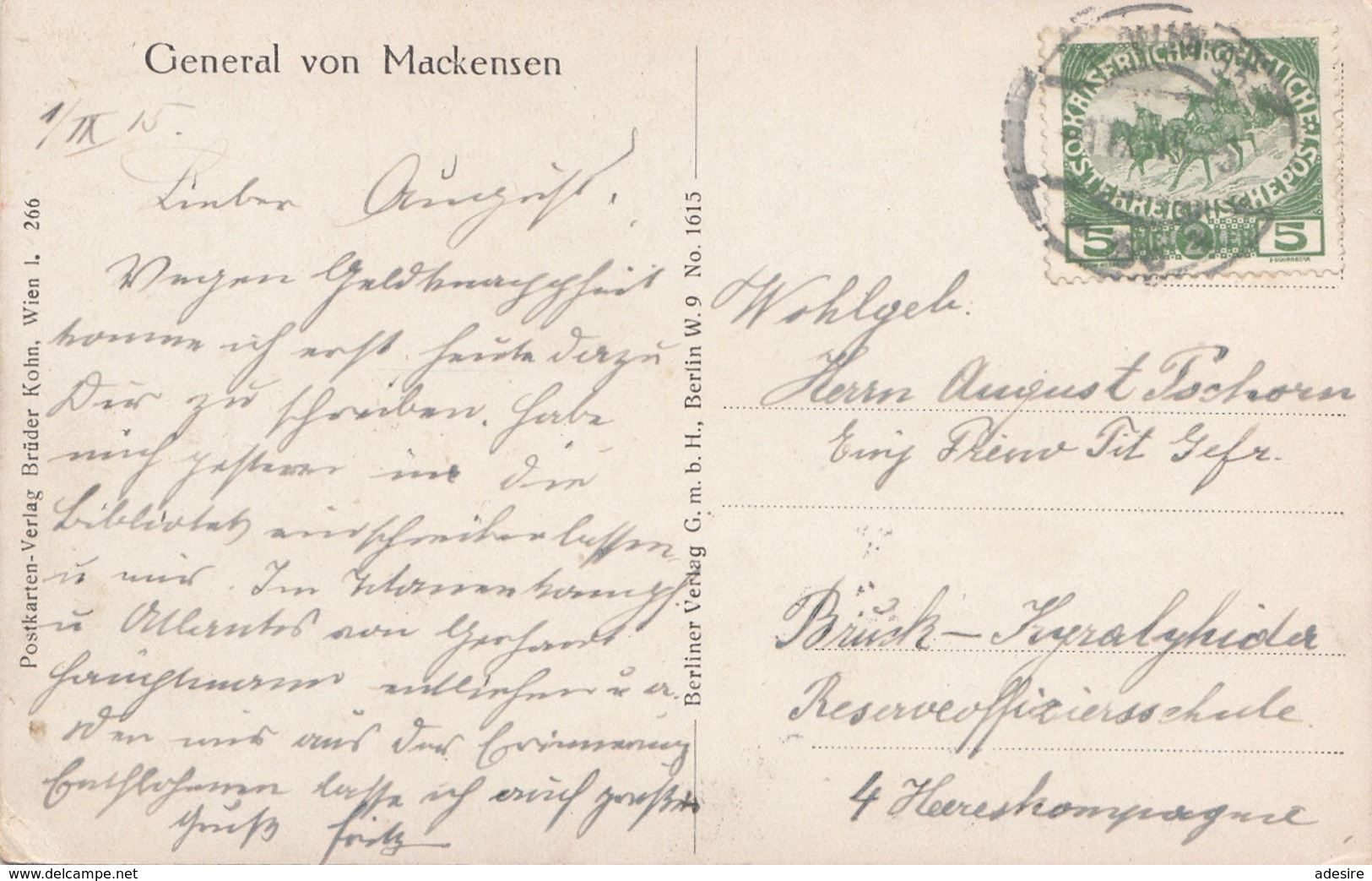 GENERAL VON MACKENSEN - Künstlerkarte (G.Hornert) Gel.1915, Seltene Frankierung, Ecken Bestossen - Personajes