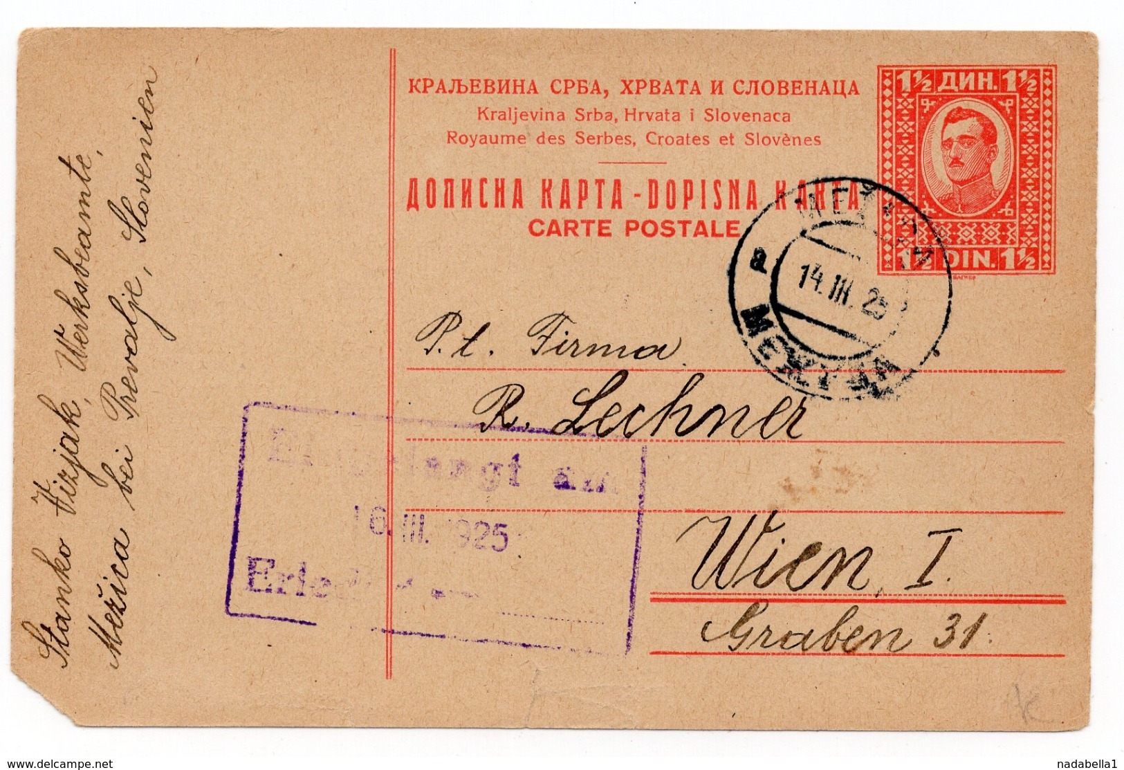 1925 YUGOSLAVIA, SLOVENIA, MEZICE TO VIENNA, STATIONERY CARD, USED - Postwaardestukken