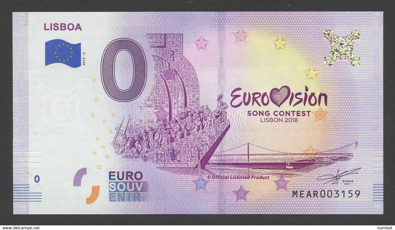 EUROVISION Banknote 2018 Lisbon - Portugal. 0 EURO. UNC. Variety II - Sonstige & Ohne Zuordnung