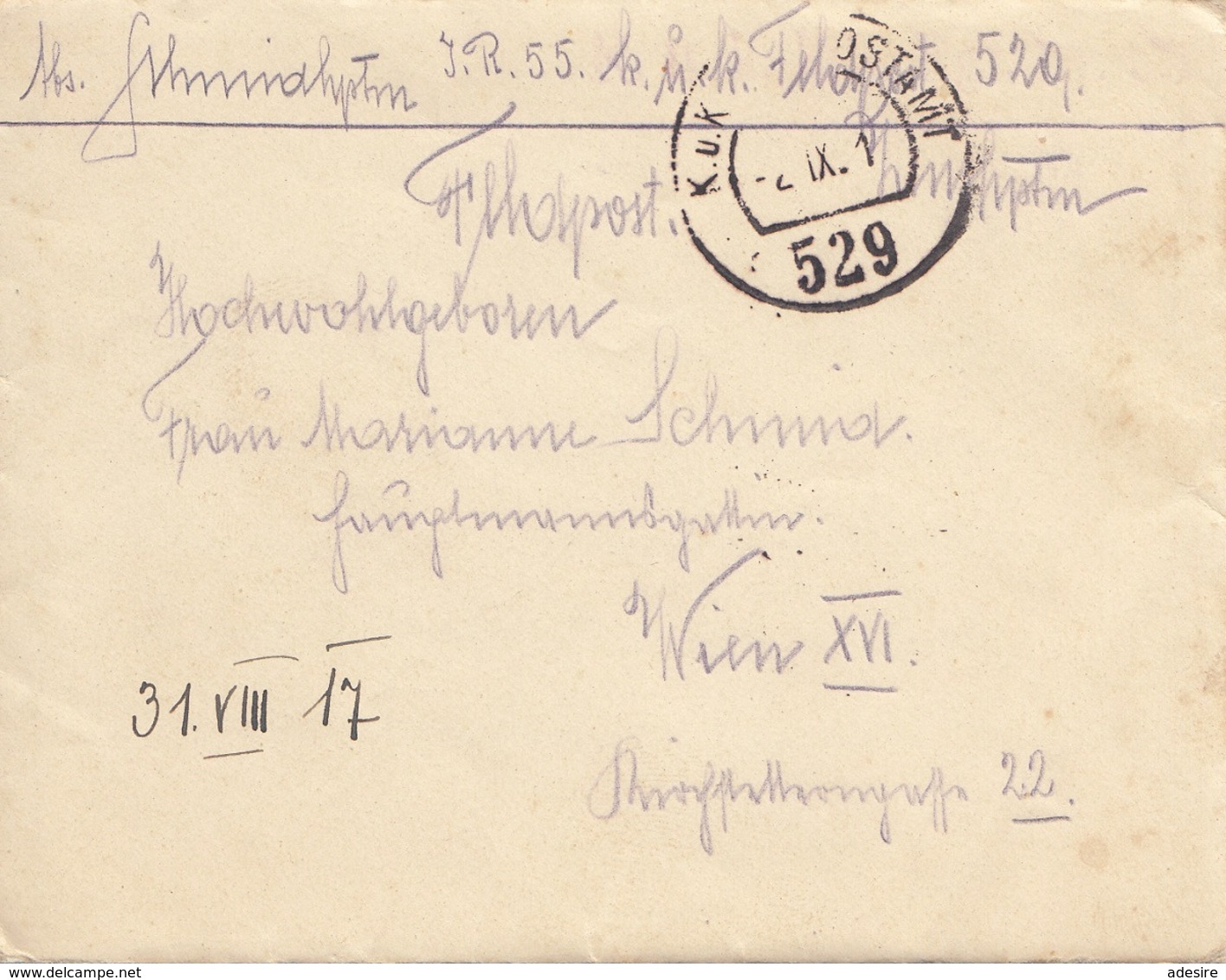 ÖSTERREICH 1917 - Kleiner Feldpostbrief Mit Inhalt Gel.v. K.u.K. Postamt 529 Nach Wien XVI - 1914-18