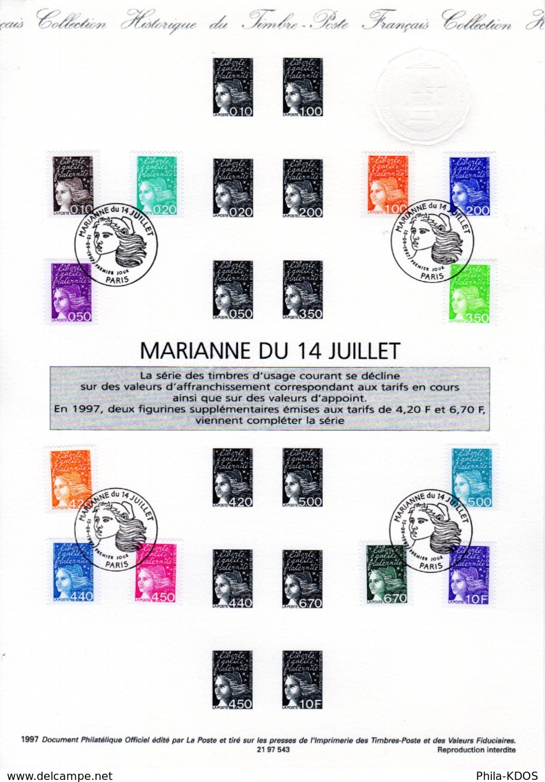 (Faciale = 6.42 €) " MARIANNE DU 14 JUILLET " Sur Document Philatélique Officiel De 1997 En Parfait état. DPO - 1997-2004 Marianne Du 14 Juillet