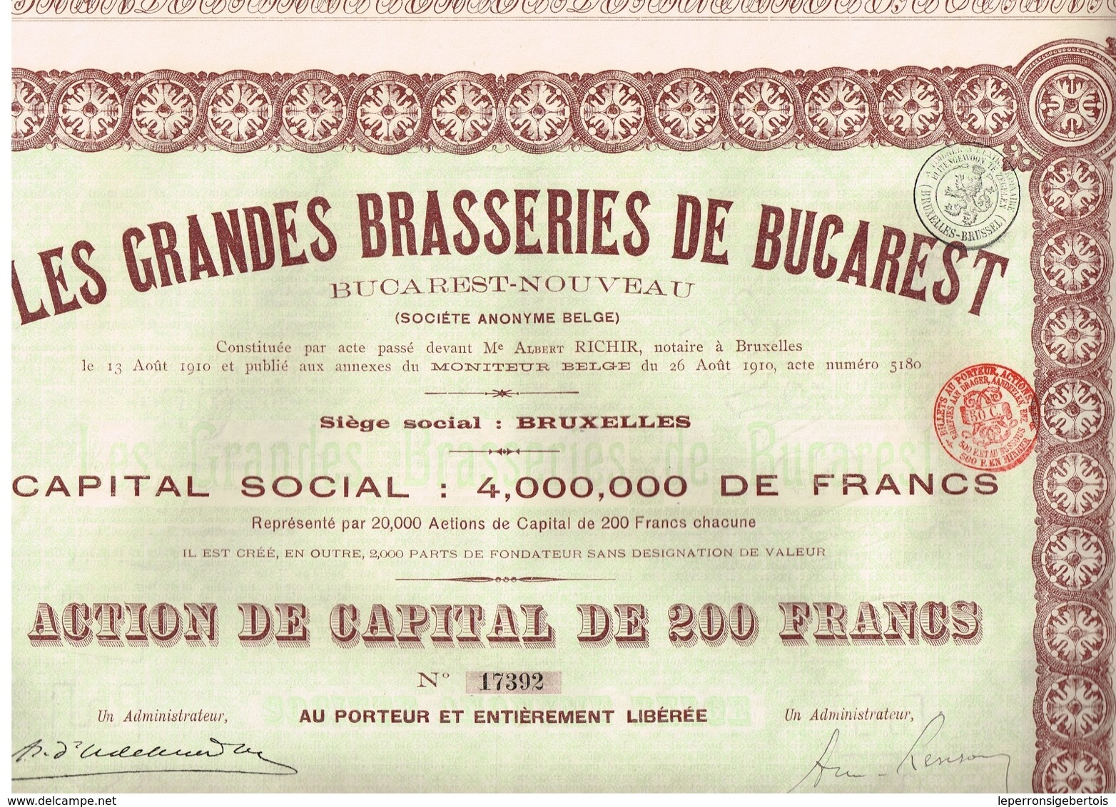 Titre Ancien - Les Grandes Brasseries De Bucarest - Bucarest-Nouveau - Titre De 1910 - N° 17393 - Industrie