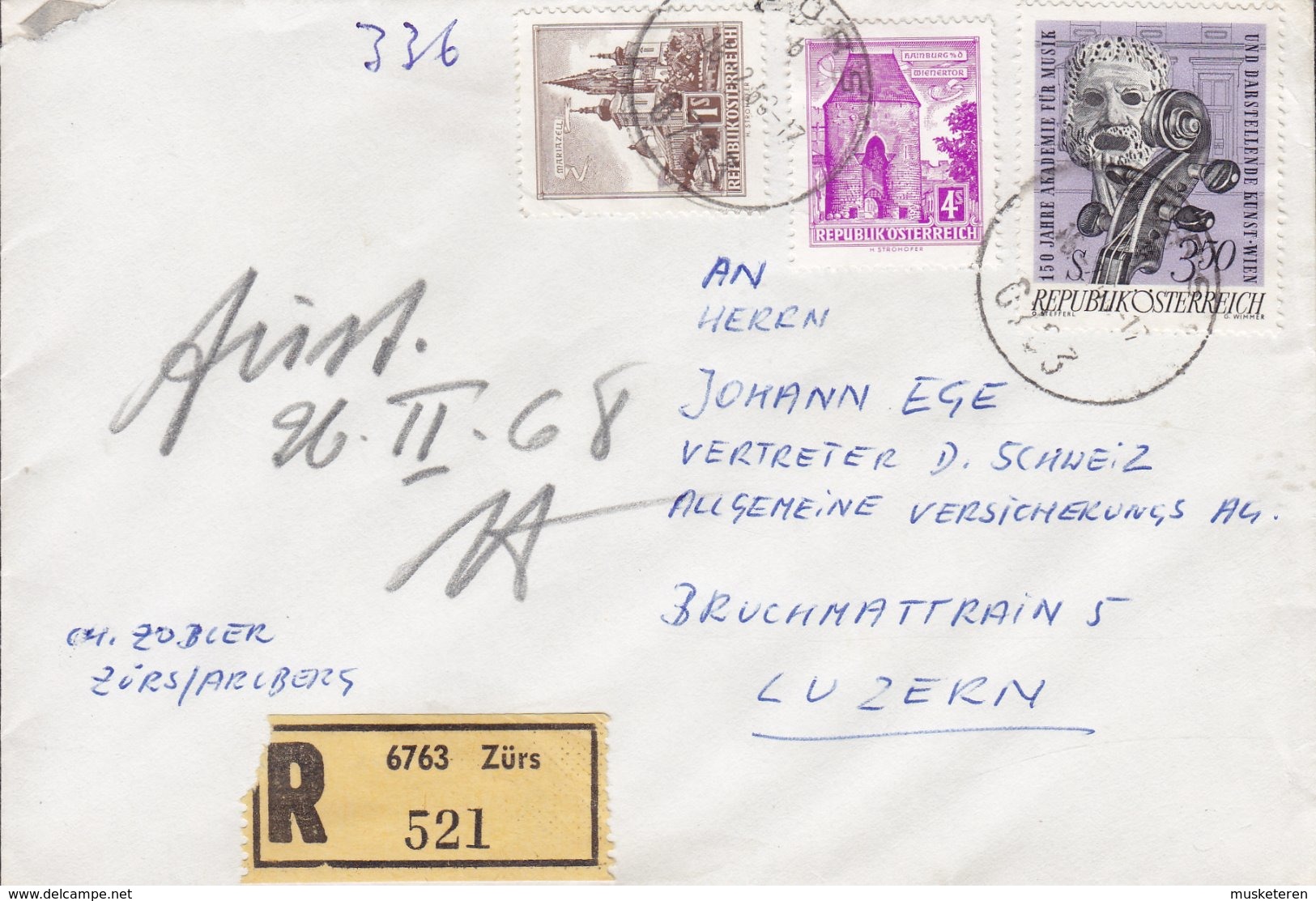 Austria Registered Einschreiben Label ZÜRS 1968 Cover Brief LUZERN Schweiz Violine & Theatermaske - Briefe U. Dokumente