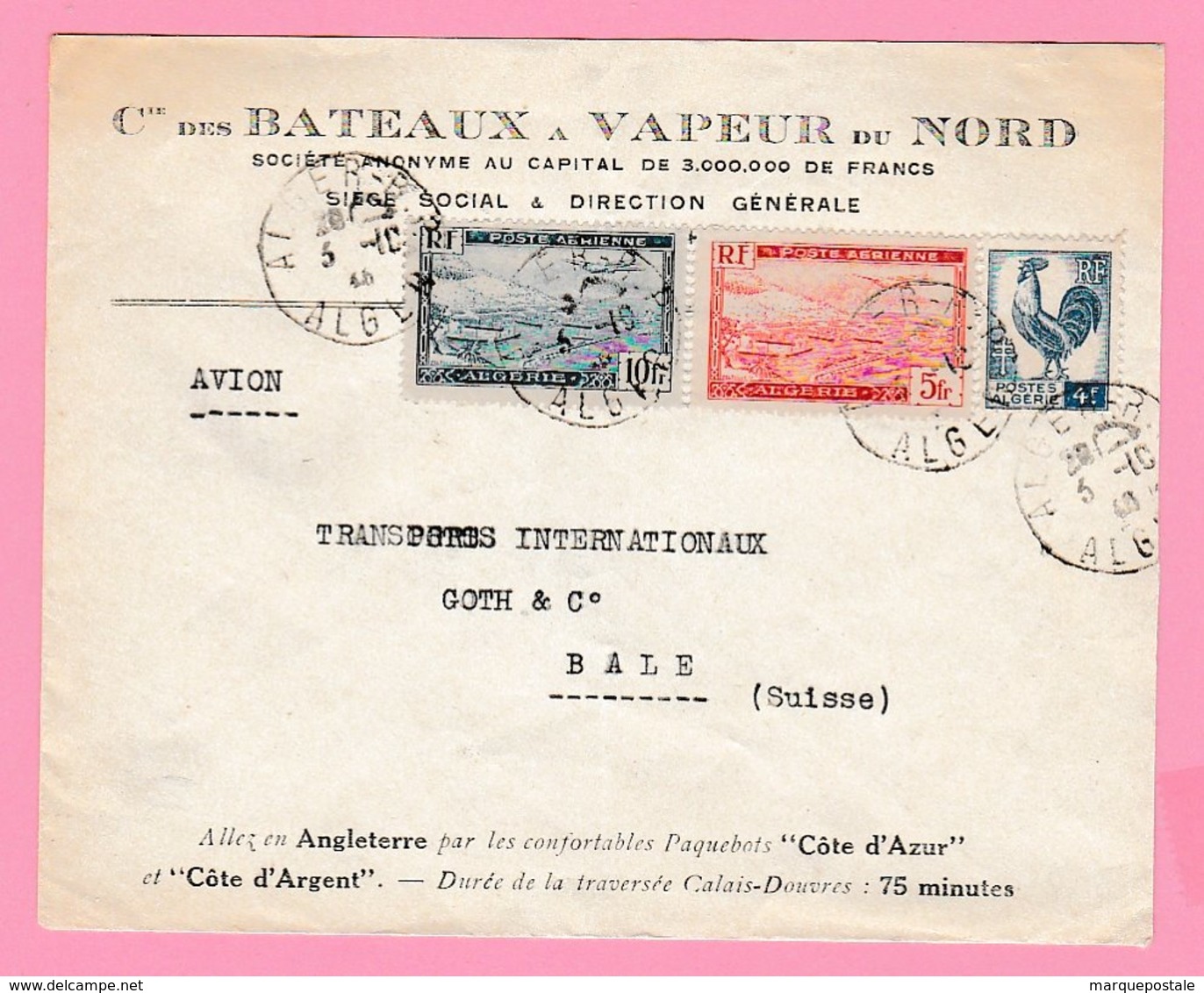 Col 13  Cie Des BATEAUX A VAPEUR   Poste Aéro + Coq D'Alger  3.10 46 Pour La Suisse.  Verso= Pas De Cachets    (TB ) - Poste Aérienne