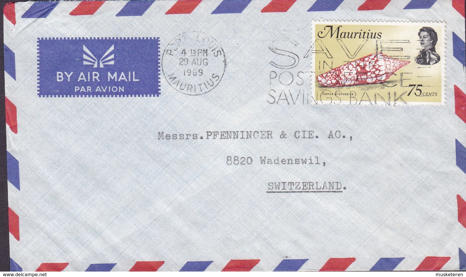 Mauritius Air Mail Slogan 'Savings Bank' PORT LOUIS 1969 Cover Brief WADENSWIL Switzerland Shell Meeresschnecke Stamp - Mauritius (1968-...)