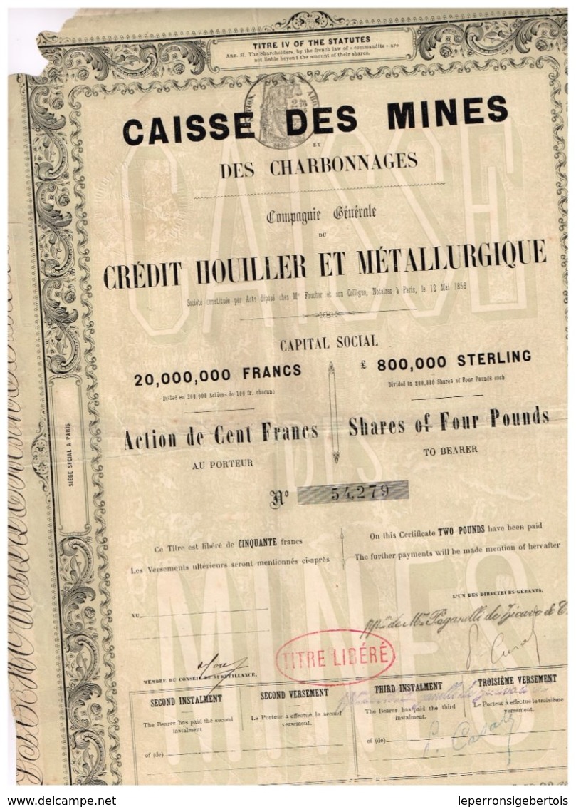 Titre Ancien - Caisse Des Mines Et Des Charbonnages - Cie Générale Du Crédit Houiller Et Métallurgique - Titre De 1856 - Banque & Assurance