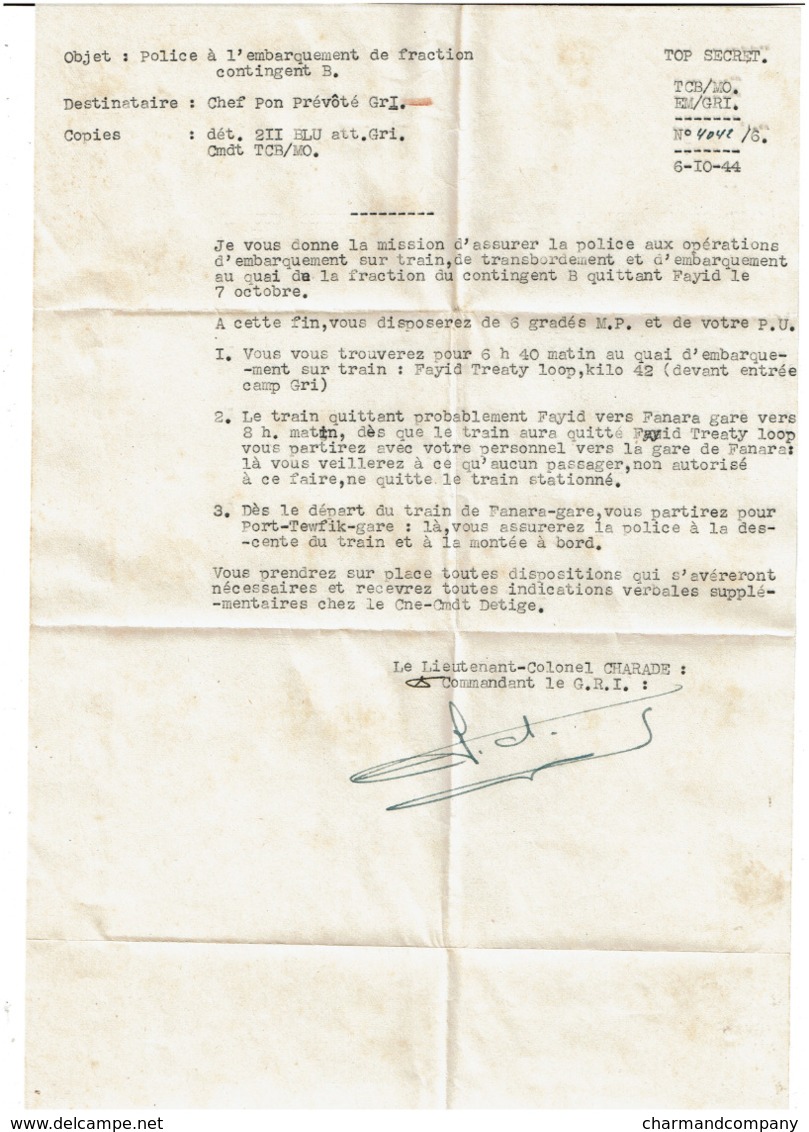 Document Top Secret - 1944 - Lieutenant-Colonel Charade - G.R.I. - Fayd Fanara Egypte - Voir Scan - 1939-45