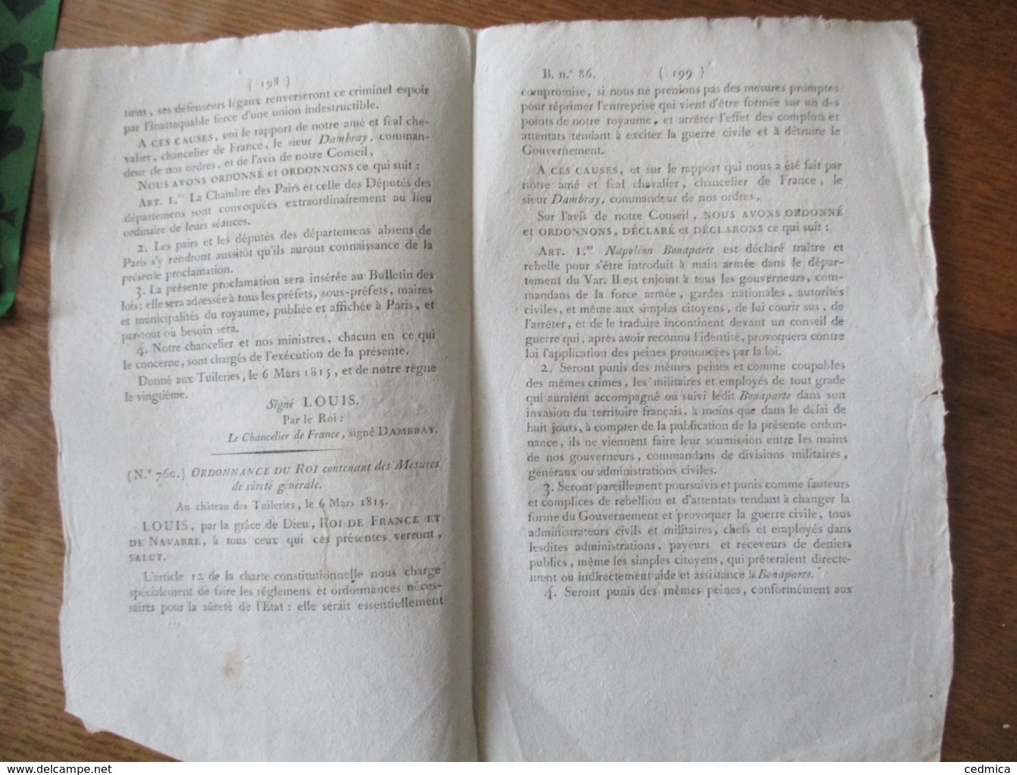 BULLETIN DES LOIS N° 86 LE 6 MARS 1815 LOUIS ROI DE FRANCE ET DE NAVARRE PROCLAMATION NAPOLEON BONAPARTE EST DECLARE TRA - Décrets & Lois