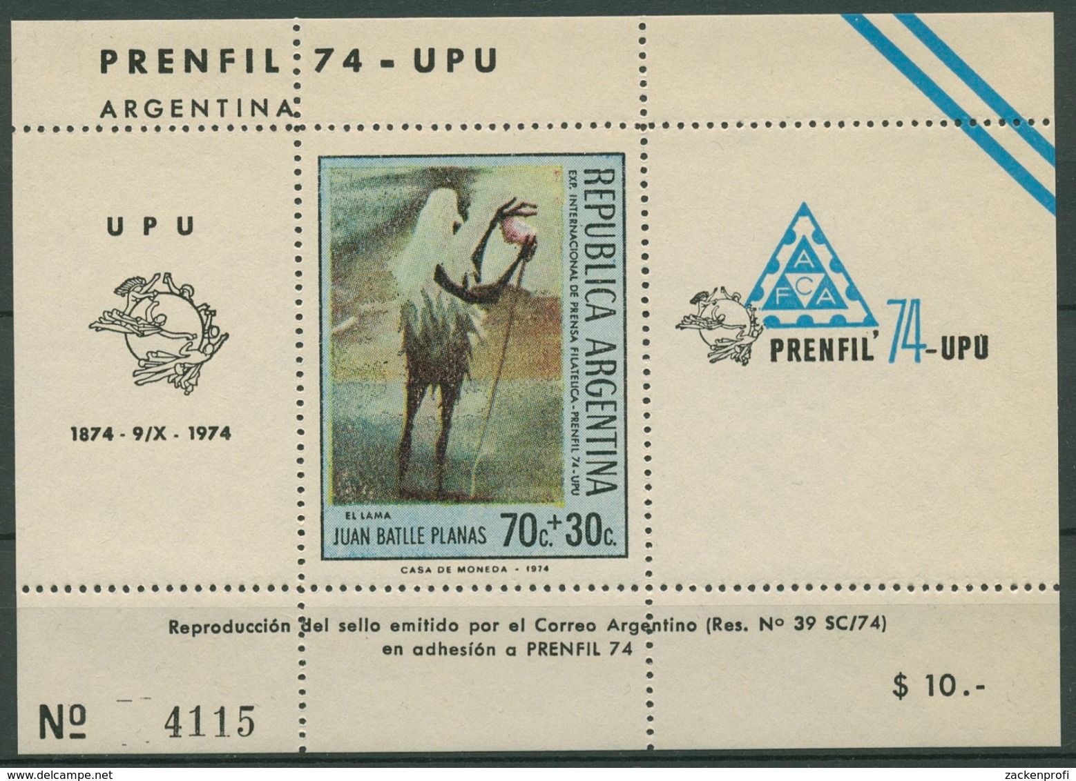 Argentinien 1974 PRENFIL Lama 1173 Block Postfrisch (C93797) - Blocks & Kleinbögen