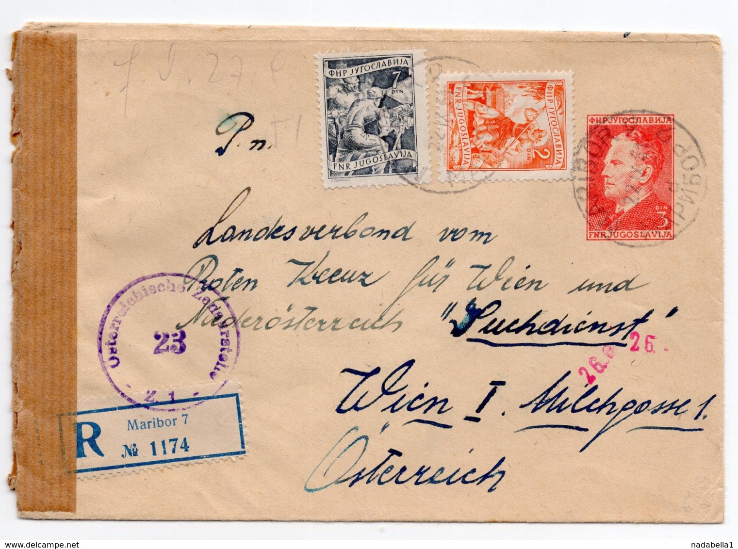 1951 YUGOSLAVIA, SLOVENIA, MARIBOR TO VIENNA, AUSTRIA, REGISTERED MAIL, TITO, STATIONERY COVER, CENSORED - Postal Stationery