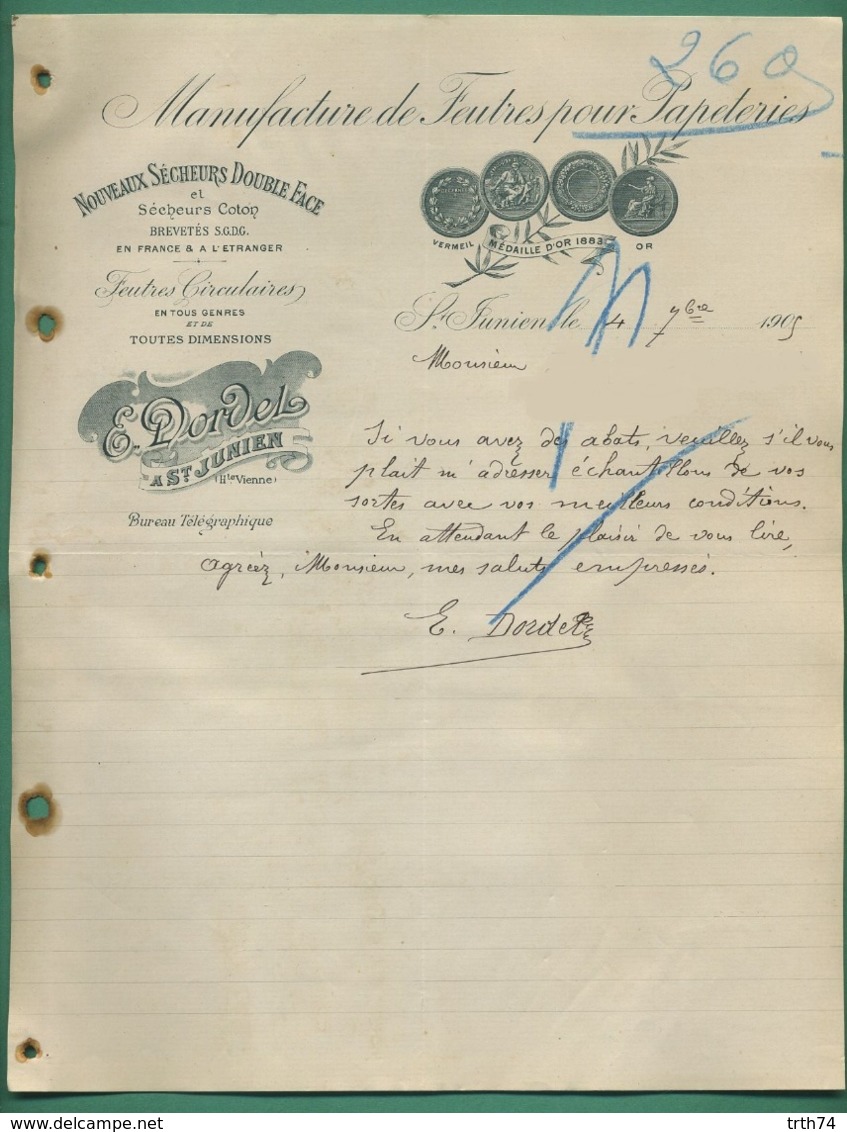 87 Saint Junien Dordel Feutre Pour Papeteries Sécheurs Coton 7 Septembre 1905 - Drukkerij & Papieren