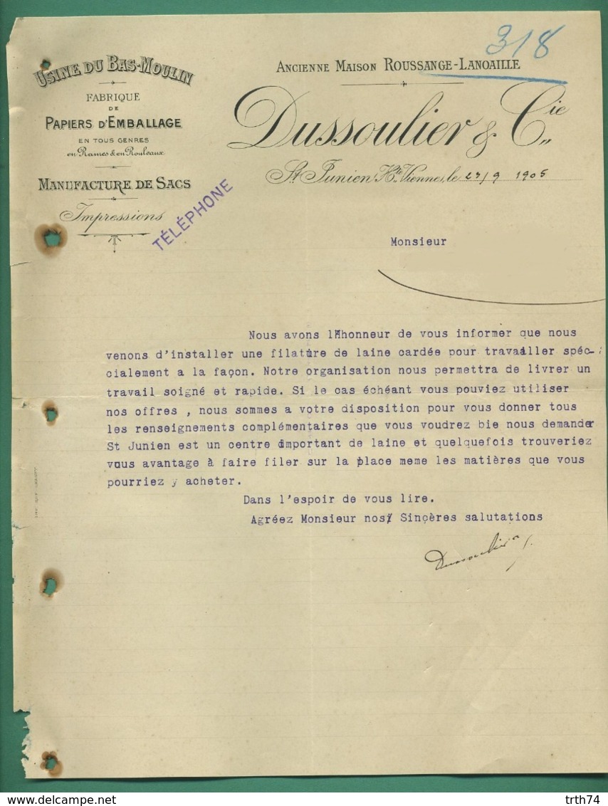 87 Saint Junien Dussoulier Fabrique Papiers Manufacture De Sacs Usine Du Bas Moulin Roussange Lanoaille 23 09 1905 - Kleding & Textiel