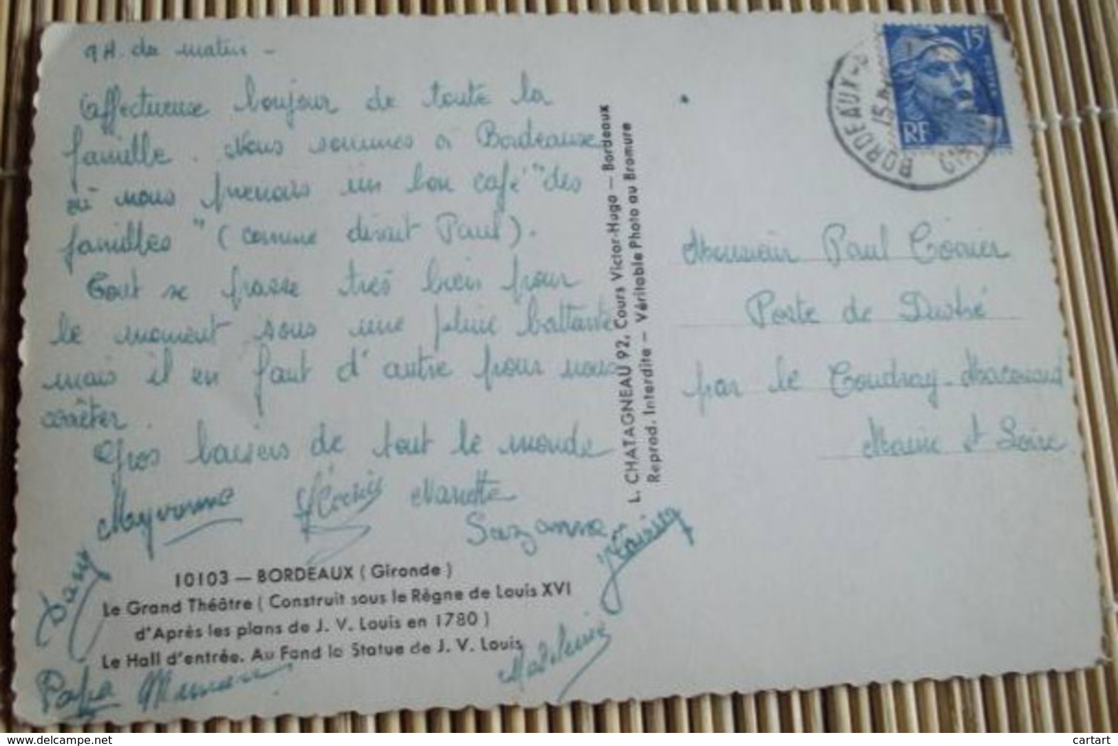 33    -     BORDEAUX LE GRAND THEATRE LE HALL D'ENTREE STATUE DE J.V. LOUIS   @ VUE RECTO/VERSO AVEC BORDS - Bordeaux