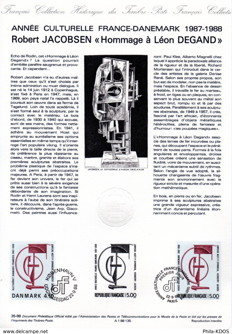 " FRANCE-DANEMARK : JACOBSEN " Sur Document Philatélique Officiel De 1988 N° YT 2551  Parfait état. FDC - Emissions Communes