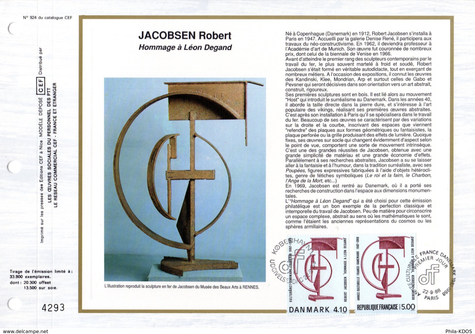 " FRANCE-DANEMARK : JACOBSEN " Sur Feuillet CEF 1er Jour N°té De 1988 N° YT 2551  Parfait état. FDC - Emissions Communes