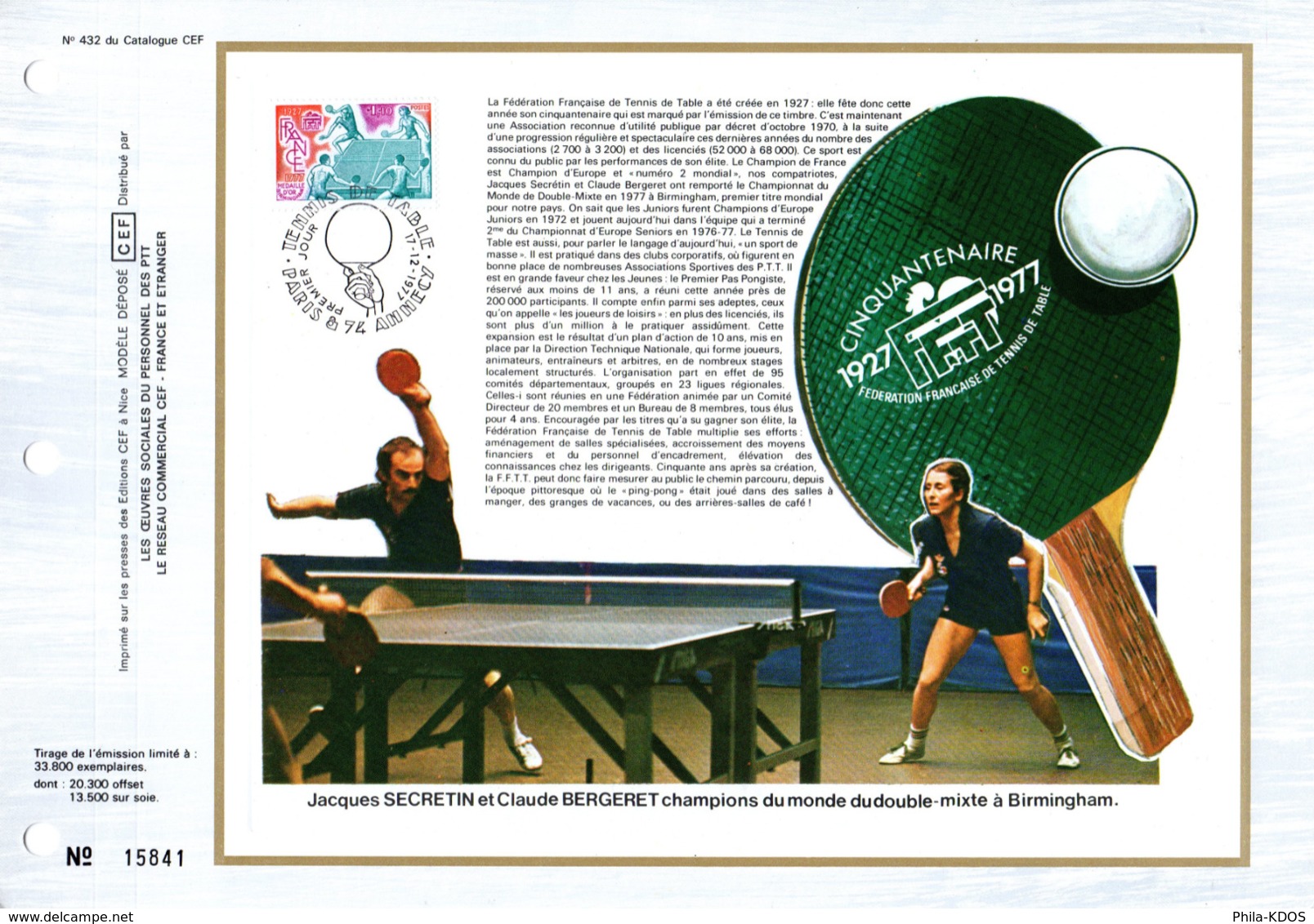 &#x1F3D3; " 50 ANS DE LA FFTT PING PONG SECRETIN BERGERET " Sur Feuillet CEF 1er Jour N°té De 1977 N°YT 1961 Parf état - Table Tennis