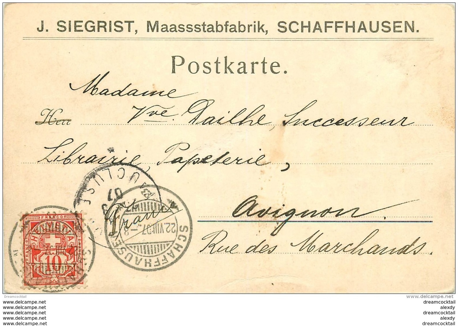 SUISSE. Carte Postale Entier Publicitaire 1907 De Schaffhausen Pour Avignon - Hausen Am Albis 